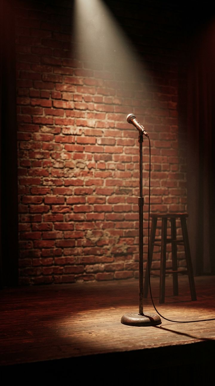 A single microphone on a comedy club stage against a red brick wall