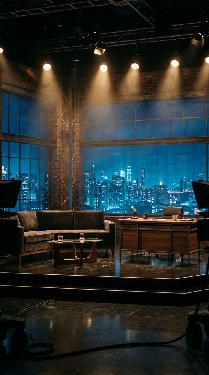 An empty late-night talk show desk and couch under warm stage lights